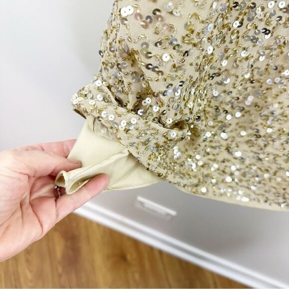Aidan Mattox Silk Dress Gold Beaded Sequin Cold Shoulder Mini Cocktail Prom Sz 2 - Picture 14 of 15